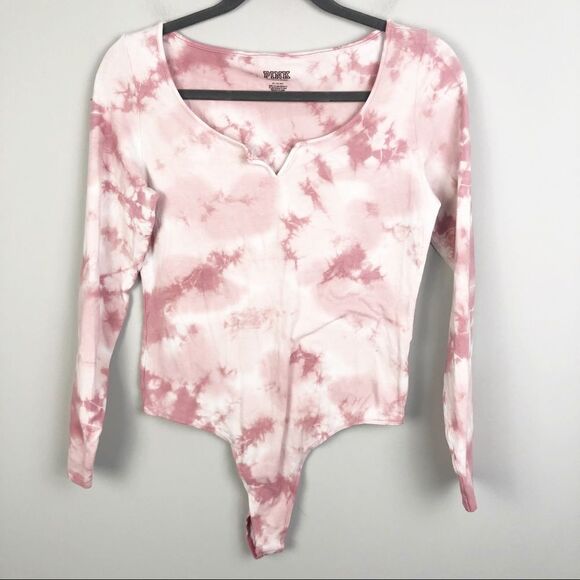 VICTORIA’S SECRET PINK | Long Sleeve Tie Dye Bodysuit Pink White Thong M - Picture 3 of 10